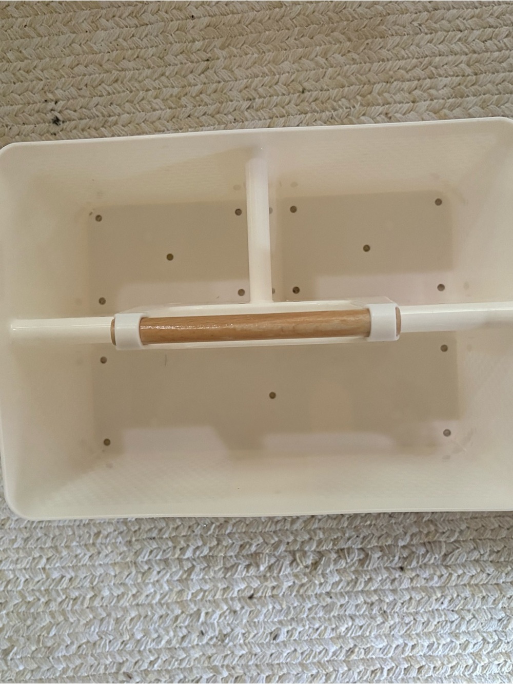 White Plastic Divided Storage Caddy with Wooden Handle